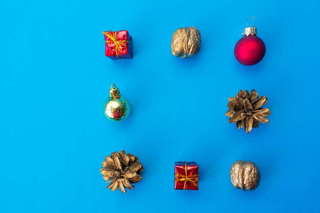 Christmas tree decorations on blue