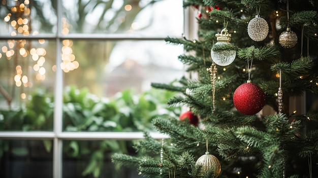 시골의 영국 시골 별장 가정 장식 집을 위한 크리스마스 트리 장식과 휴일 축하 영감