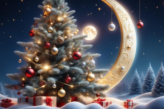 Foto albero di natale, decorazioni e luna altamente dettagliati nel paesaggio notturno invernale