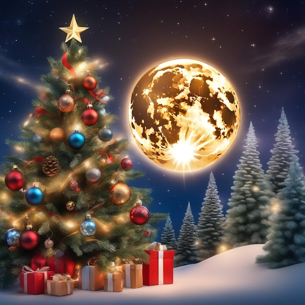 Christmas tree and decorations and moon highly detailed in the winter night landscape
