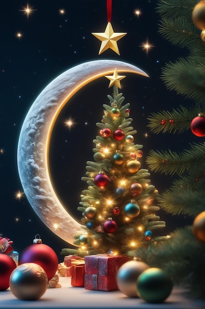 Рождественская елка, украшения и луна очень детализированы в зимнем ночном пейзаже