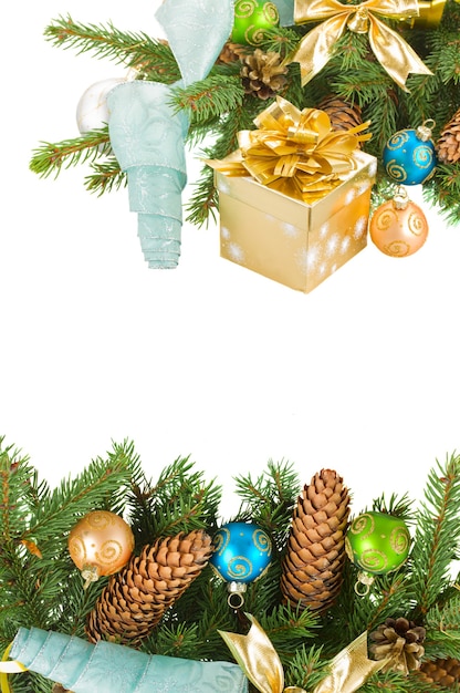 Christmas tree and decorations with gift box borders isolated on white background