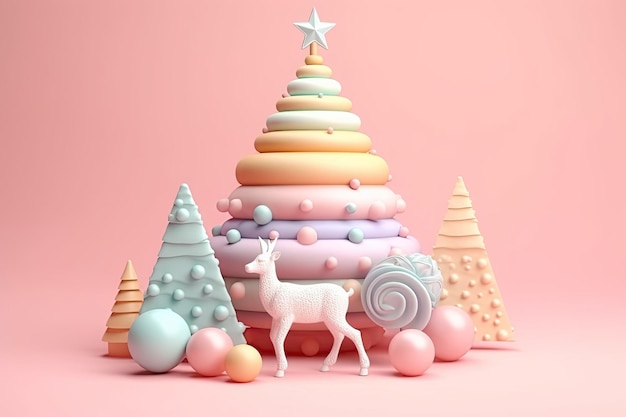 グラデーションのパステル カラーの背景にクリスマス ツリーの鹿とクリスマスの飾りボール 3D かわいい漫画のようなキャンディーの色 陽気な幾何学的な形で作られたクリスマスの装飾 AI 生成コンテンツ