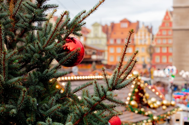 Christmas tree deocration, baubles on market in Wroclaw, Poland