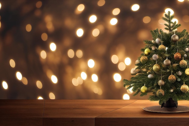 Christmas tree on empty wooden desk table with copy space over christmas bokeh blurred light background display for product montage 3d rendering