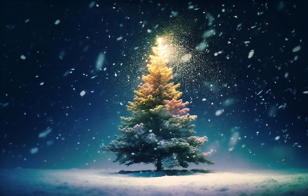 Christmas tree falling in snow in the style of vibrant stage backdrops
