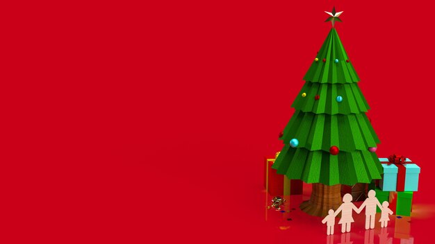 お祝いや休日のコンセプトの3Dレンダリングのためのクリスマスツリーと家族の木のプレート