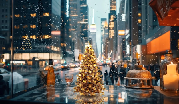 Christmas tree on festive city street in New York urban life people walk car traffic light