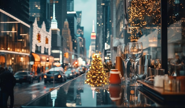 Christmas tree on festive city street in New York urban life people walk car traffic light