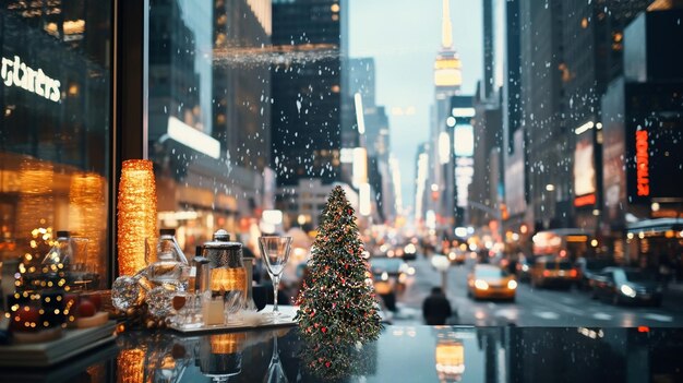 Christmas tree on festive city street in New York urban life people walk car traffic light