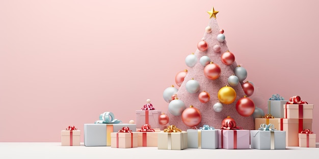 Christmas tree and festive gifts on pastel pink background xmas holiday copy space generative ai