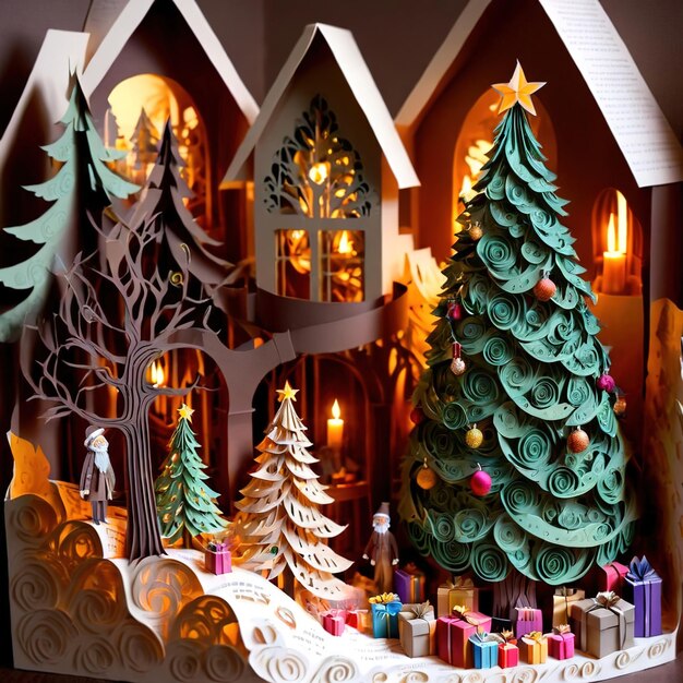 Christmas tree festive holiday decoration paper cutout style illustration