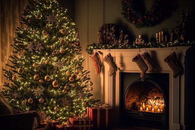 Christmas tree fireplace interior with gifts and garland