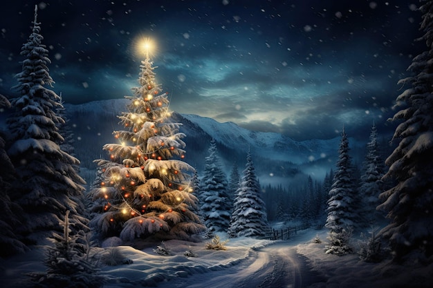 Рождественская елка в лесу Красивая ночь Генеративная иллюстрация Ai