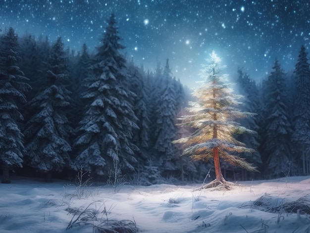 森のクリスマス ツリー光る木凍った山の風景 AI 生成