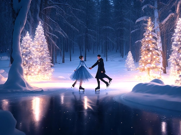 Christmas tree in the forest ice skating on a frozen pond Generative AI