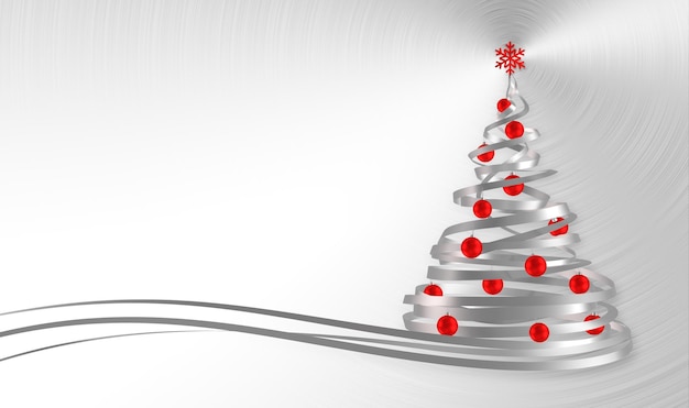 Рождественская елка из белых лент с красными шарами на металлическом фоне
