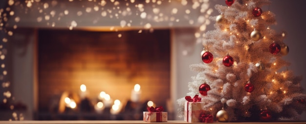 Foto albero di natale davanti al fuoco con albero di decorazione e fondo di fuoco regalo