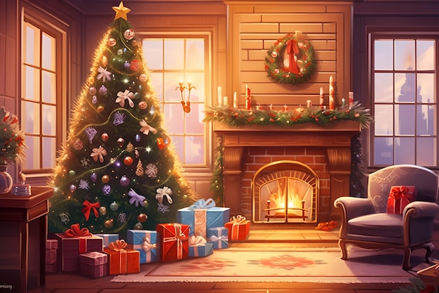 A christmas tree in front of a fireplace with a christmas tree and presents.