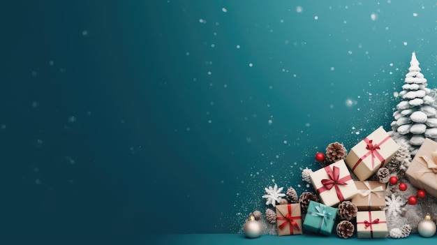 Рождественская елка, подарочная коробка, шары, снег, рождественские украшения, новогодний баннер, синий фон с копией пространства