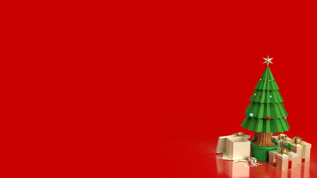 The Christmas tree and gift box on red background for holiday concept 3d rendering