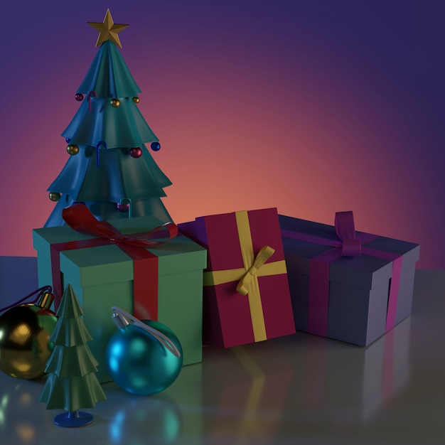 Christmas tree and gift boxes with shiny ball and reflection on floor.