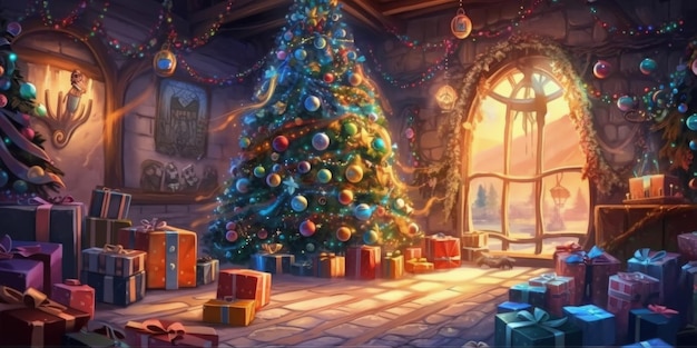 Рождественская елка подарки шары украшение Иллюстрация AI GenerativexA