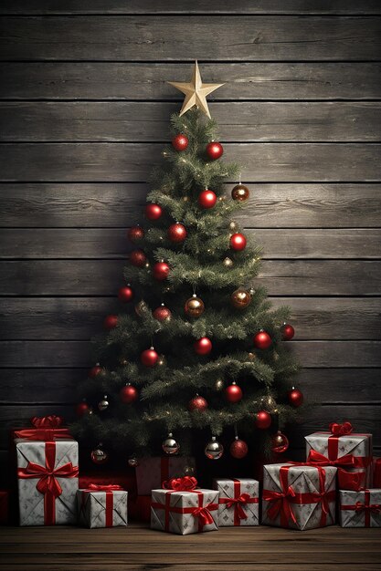 Photo christmas tree and gifts at wooden wooden background