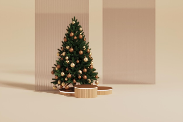 Christmas tree glowing neon. Brown and beige, glass wall abstract. 3D render with pedestal showcase.