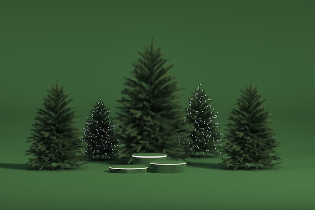 Рождественская елка светится неоном. Зеленый фон и рождественские огни с пьедесталом витрины.3D рендеринг