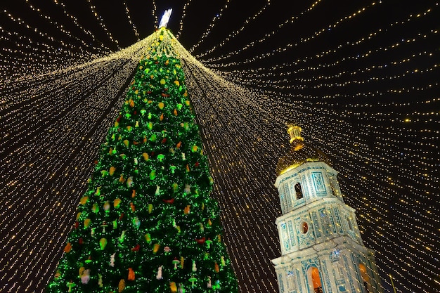 Christmas tree glows on the square in the city evening night\
illumination