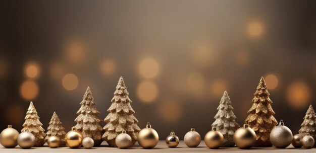 木製のテーブルにクリスマスツリーとゴールドボール