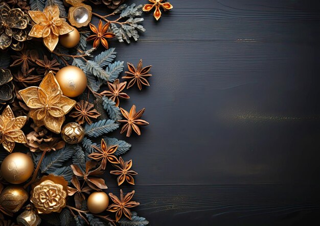 Christmas tree and golden decorations on a black wooden background top view