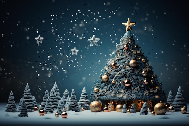 Christmas tree greeting card on snowy background AI generative