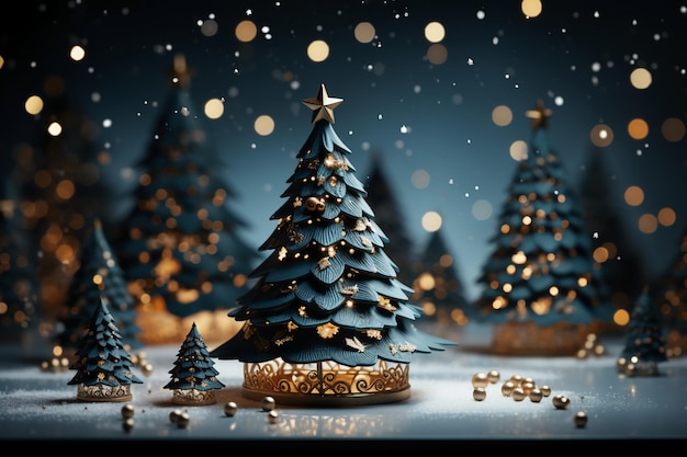 Christmas tree greeting card on snowy background AI generative