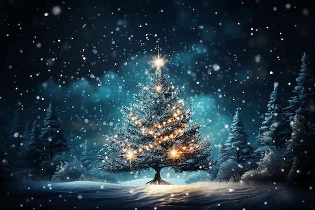 Christmas tree greeting card on snowy background AI generative