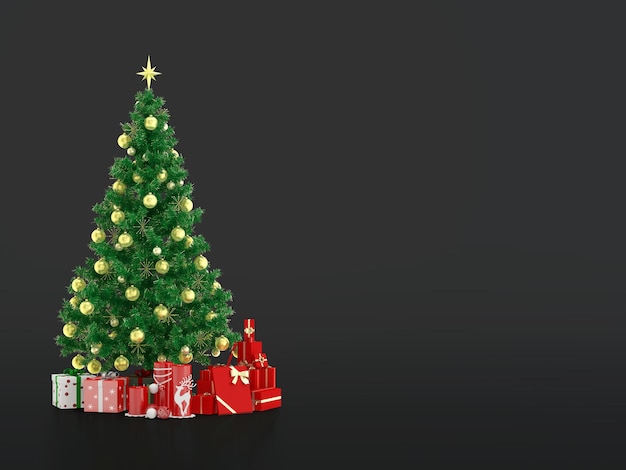 Christmas tree and happy new year gift concept banner deep grey color background. 3d rendering