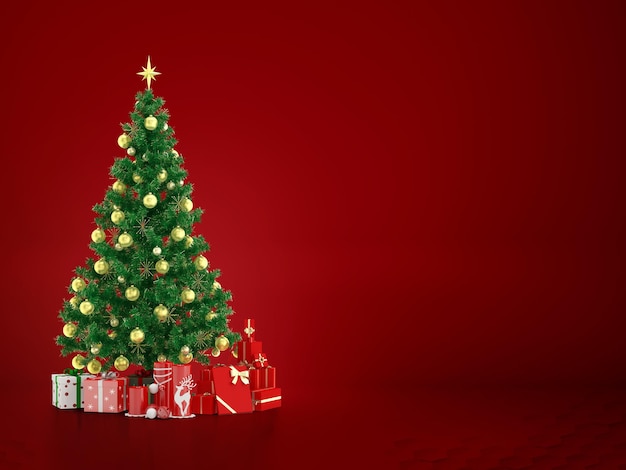 크리스마스 트리와 새 해 복 많이 받으세요 선물 개념 배너 붉은 색 배경. 3d 렌더링