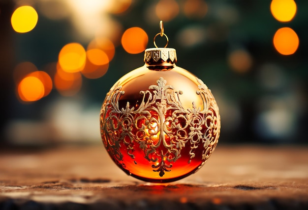 на рождественской елке блестящий золотой орнамент