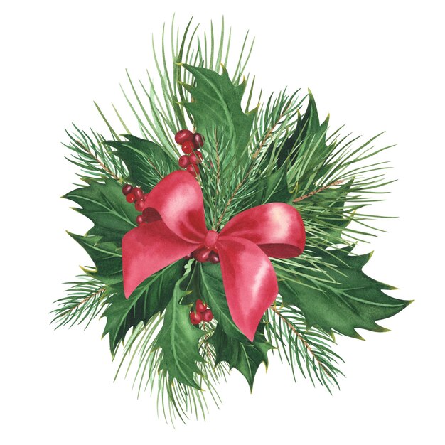 Christmas tree holly pine branch with red bow isolated on whiteWatercolor hand drawn Xmas illustration Art for design