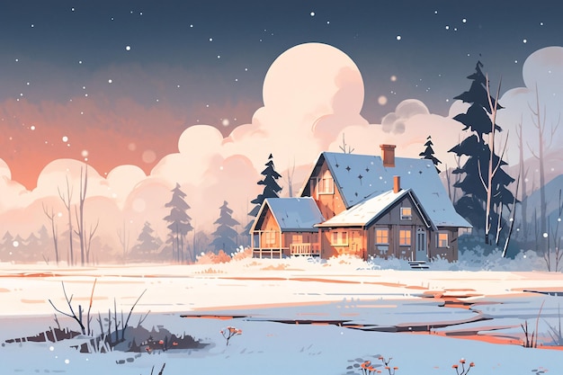 Christmas tree and house illustration on snow in winter