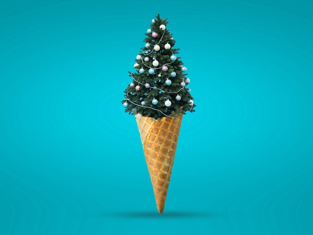 Photo christmas tree in ice cream shape idea with cone merry christmas happy christmas concept