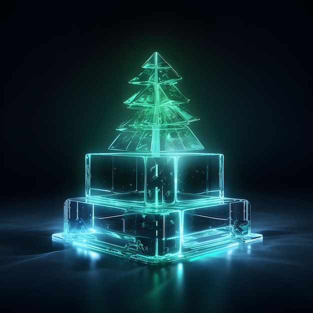 Foto albero di natale sul cubo di ghiaccio concetto futuristico creativo su sfondo scuro illustrazione invernale 3d