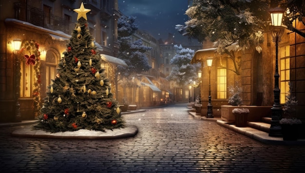 Рождественская елка освещала старую улицу.