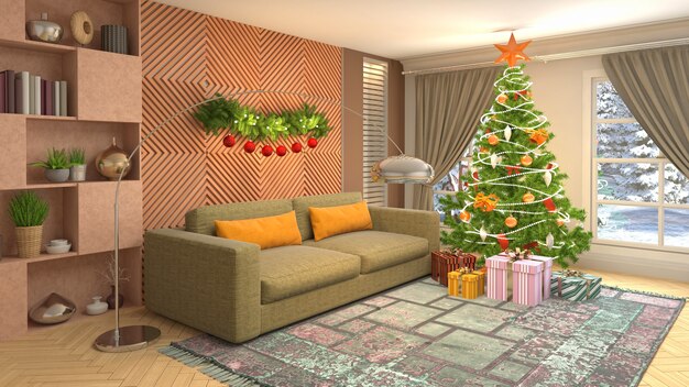 Christmas tree illustration in living room interior