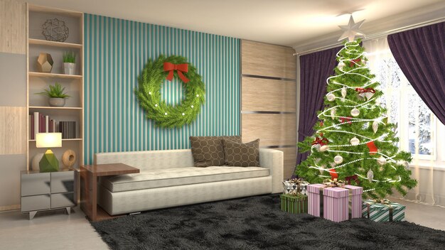 Christmas tree illustration in living room interior