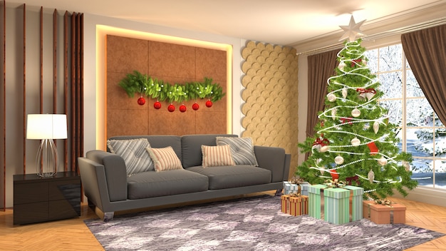 Christmas tree illustration in living room interior