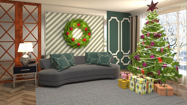 Christmas tree illustration in living room interior