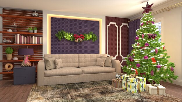 Christmas tree illustration in living room interior