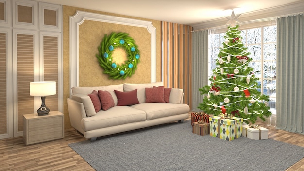 Christmas tree illustration in living room interior